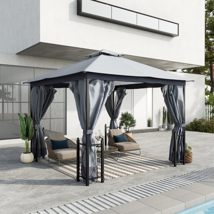 Outsunny 13' x 11' Patio Gazebo Canopy Garden Tent Sun Shade, Outdoor Shelter with 2 Tier Roof, Netting and Curtains