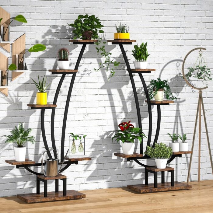 59.8"H Wood Rectangular Multi-Tiered Indoor Plant Stand with 6-Tier Shelf and Hooks(Pack of 2) - Image 2