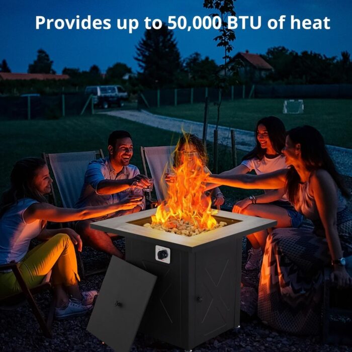 28" Fire Pit Table, Propane Firepit Outdoor Gas Fire Pits Clearance, 50,000 BTU with Metal Tabletop, Lid, Lava Rocks