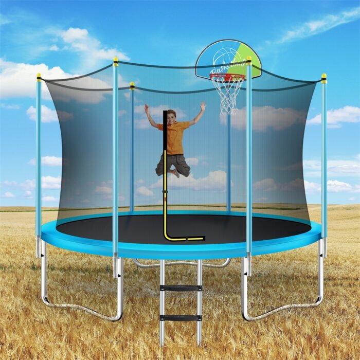 Trampoline for Kids w/Safety Enclosure Net,Basketball Hoop and Ladder - Blue - Image 2