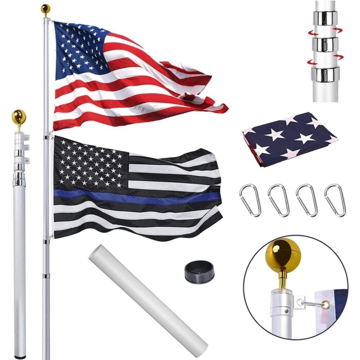 Artpuch Aluminum Telescopic Flag Pole Thick Tube Halyard & Sectional Flagpole Free Golden Ball Kit