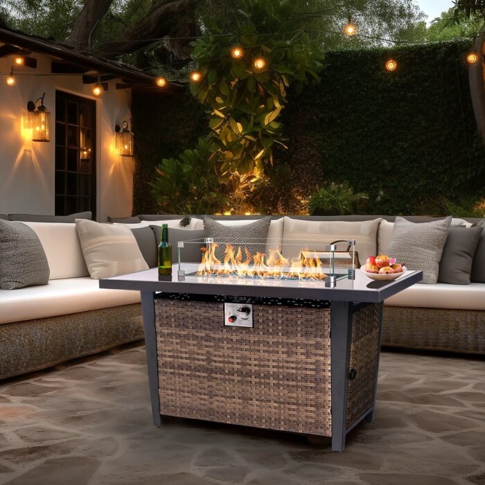 46 Inch Propane Outdoor Gas Fire Pits Table, 50,000 BTU with Ceramic Tabletop, Glass Fire Stones and Water-Resistant Cover