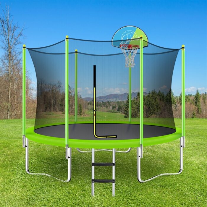Trampoline for Kids w/Safety Enclosure Net,Basketball Hoop and Ladder - Green - Image 2