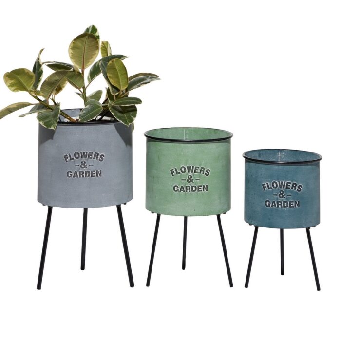 Multi Colored Metal Indoor Outdoor Planter with Flowers And Garden Text (Set of 3) - 12 x 12 x 20Round - Image 2