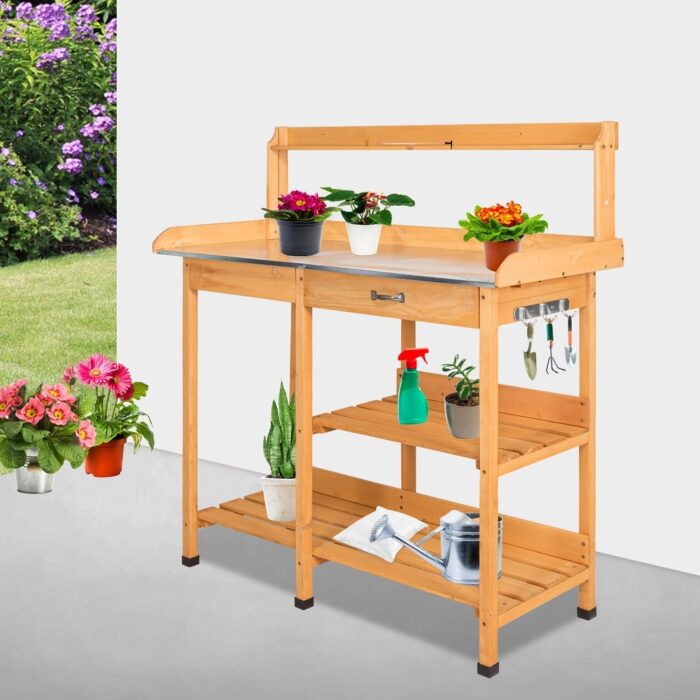 Kinbor Outdoor Potting Bench with Metal Tabletop, Garden Work Bench Planting Workstation w/ Storage Shelves & Hooks
