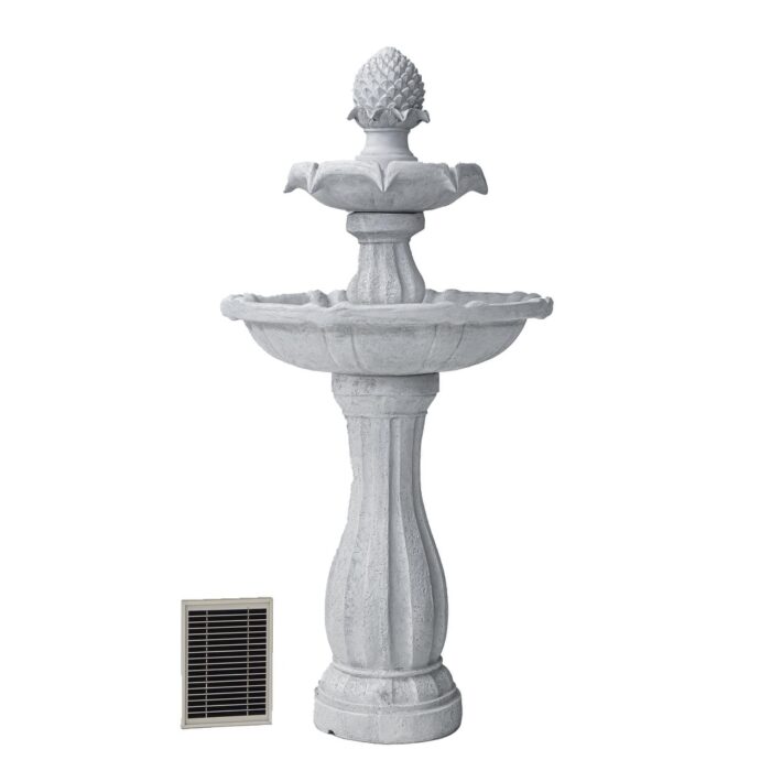 XBrand 44" H Fiberglass/Resin 2-Tier Solar Water Fountain w/ Solar Panel and Auto-Shut Off Pump, Solar Garden Fountain