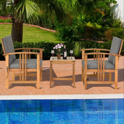 3PCS Patio Acacia Wood Sofa Set Conversation Set with Cushions