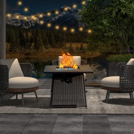 32 Inch Propane Fire Pits Table with Blue Glass Ball,50,000 BTU Outdoor Wicker Fire Table,2-in-1 Square Steel Gas Firepits