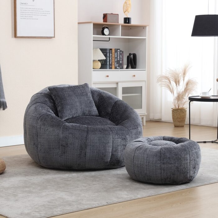 HOMEFUN Chenille Upholstered Round Lazy Cozy Bean Bag Chair with Ottoman and a Pillow - Image 2