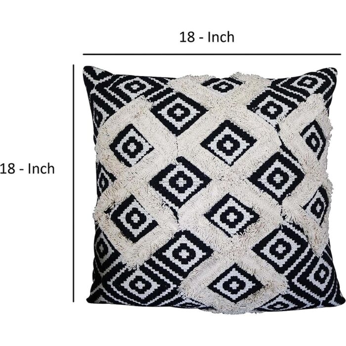 18 x 18 Handcrafted Square Jacquard Soft Cotton Accent Throw Pillow, Diamond Pattern, White, Black - Image 2