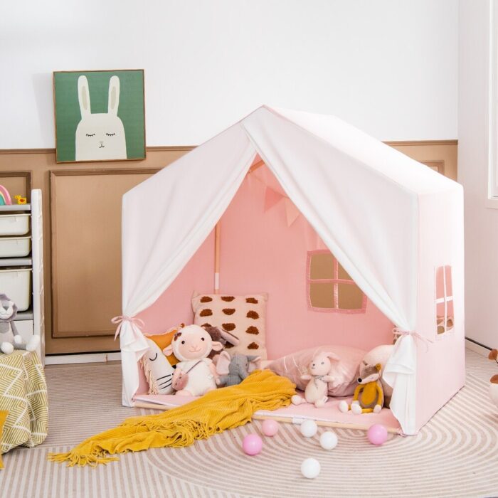 Kid's Play Tent with Washable Cotton Mat and Flag Banner - 52" x 36" x 51.5" (L x W x H) - Image 2