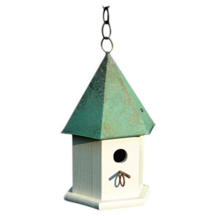 White Wood Bird House with Verdi Green Copper Roof - H-15 Inches,W- 7 Inches,D-7 Inches