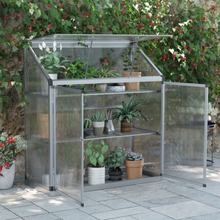 Outsunny 3-Tier Outdoor Garden Greenhouse, Cold Frame Polycarbonate Panel Planthouse with Openable Roof and Double Door, Silver