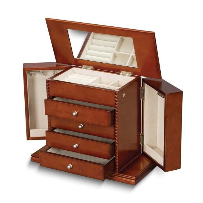 Curata Walnut Finish Carved Detail 4-Drawer with Swing-Out Side Doors Wooden Jewelry Box - Image 2