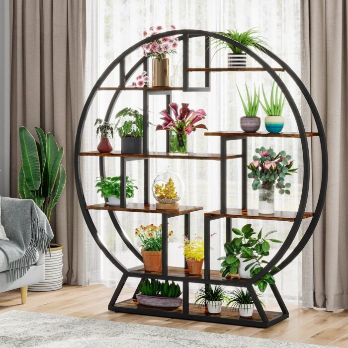 Industrial Round Plant Stand, 63 Inch Plant Shelf Holder, Multipurpose Flower Pot Stands with 8 Shelves