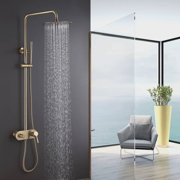 Wall Mount Tub and Shower Faucet With Hand Shower Exposed Pipes Shower System With Rough-in Valve 9.84 In Shower Head Kit Set - Image 2