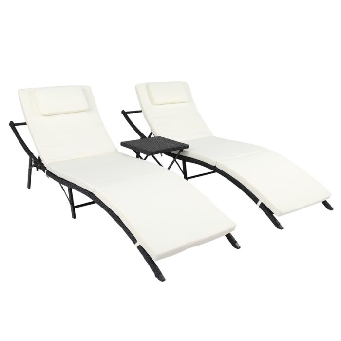 Outdoor 3-Piece Patio Black Rattan Chaise Lounge Set with Cushions - Image 2