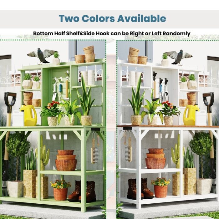 Large Outdoor Potting Bench, Garden Potting Table, Wood Workstation with 6-Tier Shelves, Large Tabletop and Side Hook - Image 2