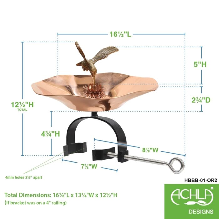 Achla Designs 13.25"Dia. Round Polished Brass/Aluminum Hummingbird Birdbath w/Black Wrought Iron Over Railing Bracket - Image 2