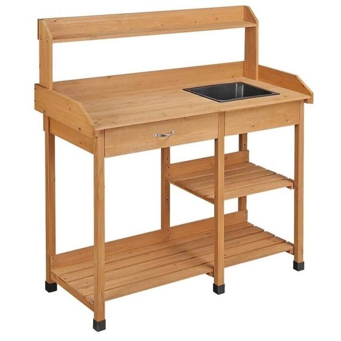 Outdoor Garden Wood Potting Bench Work Table with Sink in Light Oak Finish - 46 x 17.8 x 47.6