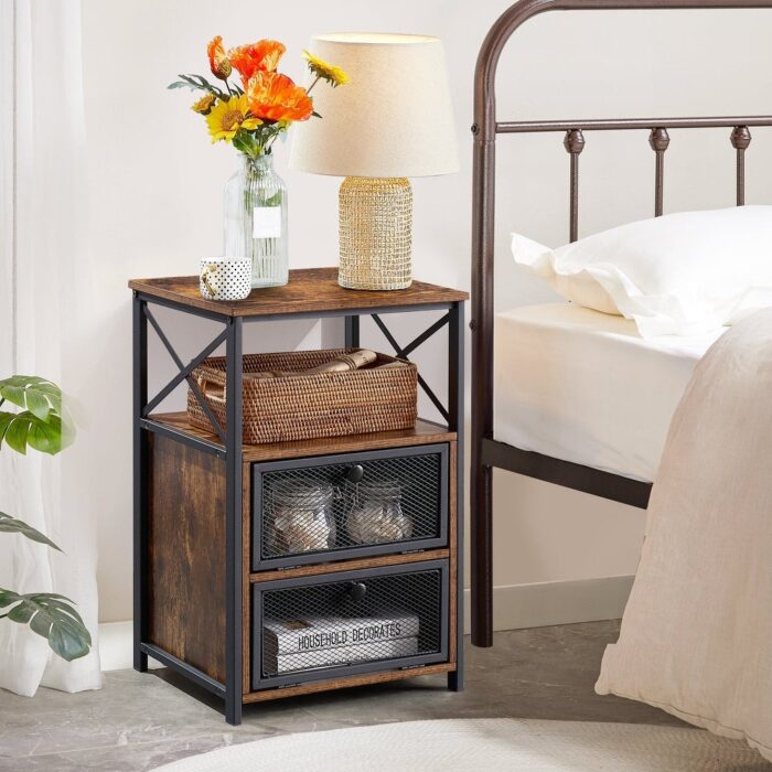 VECELO Modern End Table with 3-tier Storage Shelves, Nightstands with Charging Station(Nightstand Set of 2) - Image 2