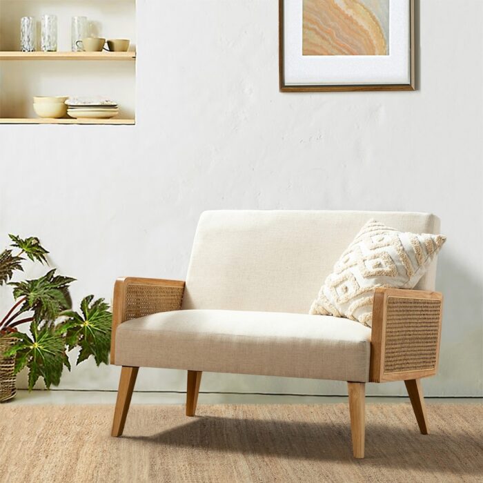 Carmina 43" Contemporary Solid Wood Upholstered Handcrafted Loveseat with Rattan Arms by HULALA HOME