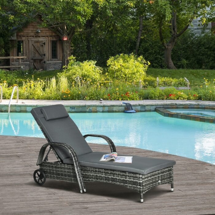 Outsunny Patio Wicker Cushioned Single Lounge, Outdoor PE Rattan Wheeled Chaise Lounge Chair Height Adjustable Backrest