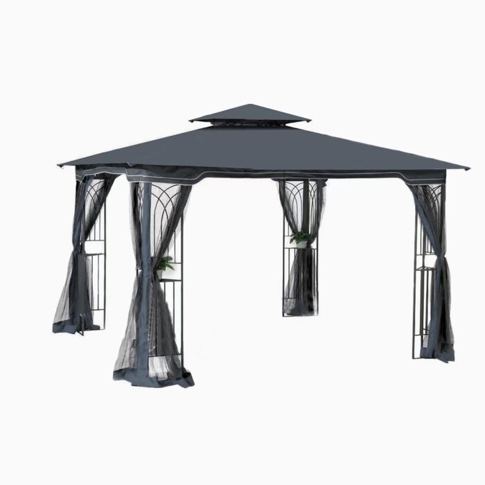 Gray 10x10 ft Patio Canopy Gazebo with Double-Tier Roof, Mesh Screens - Image 2