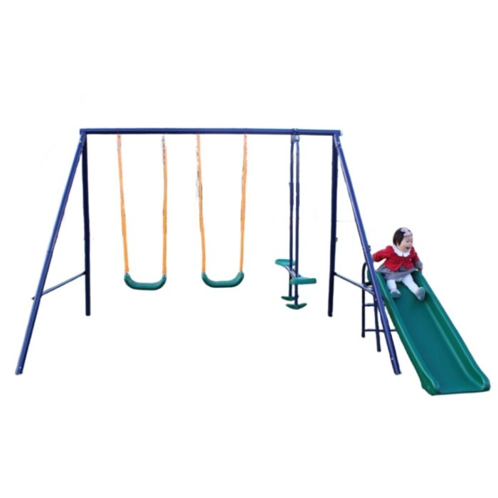 Outdoor Backyard Children Metal Swing Activity Set with Slide, Glider - Image 2