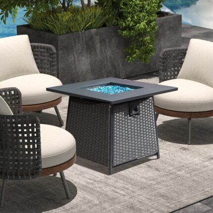 32 Inch Propane Fire Pits Table with Blue Glass Ball,50,000 BTU Outdoor Wicker Fire Table,2-in-1 Square Steel Gas Firepits - Image 2