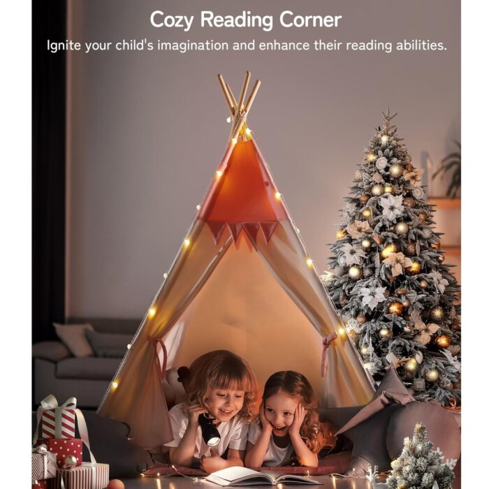 Foldable Teepee Tent for Kids with Padded Mat and light String (Pink) - Image 2