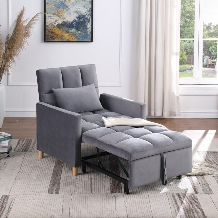 Chair Bed w/ Pull-out Bed Gray Chaise Lounges, Accent Sleeper Sofa Chairs - Image 2