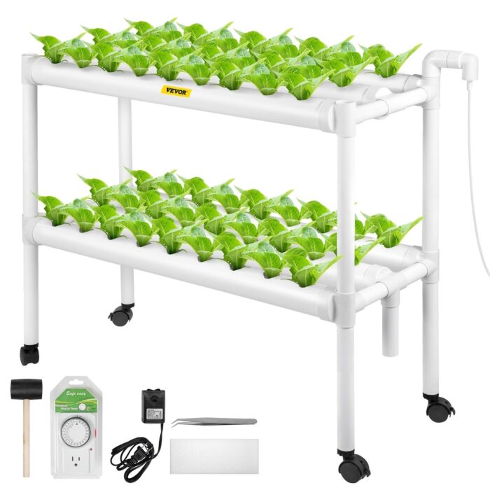 VEVOR White PVC-U Hydroponics Growing System with Water Pump Timer Nest Basket Sponge for Fruits Vegetables Herbs - N/A