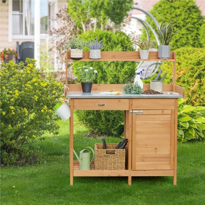Yaheetech Fir Wood Potting Bench with Metal Tabletop