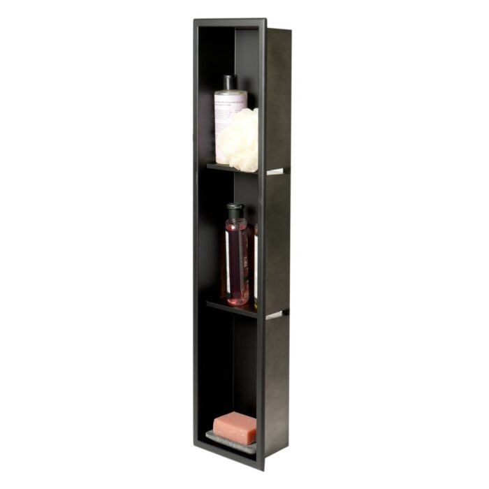 ALFI brand 8" x 36" Black Matte Stainless Steel Vertical Triple Shelf Bath Shower Niche