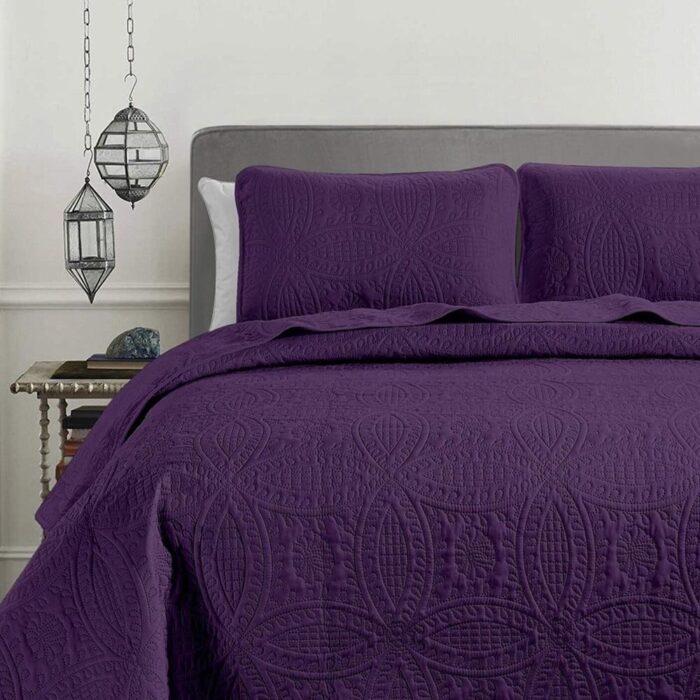 3pc King Size Oversized Bedspread Coverlet Set Purple - Image 2