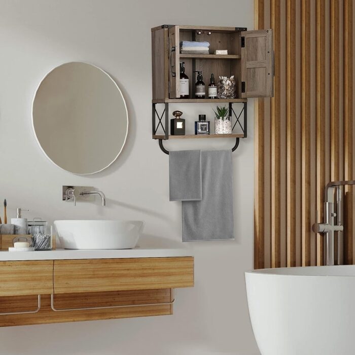 Bathroom Wall Cabinet with 2 Door Adjustable Shelves and Towel Bar - Image 2