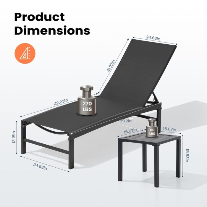 Pellebant Outdoor 3-piece Aluminum Adjustable Back Chaise Lounge with Side Table Set - Image 2