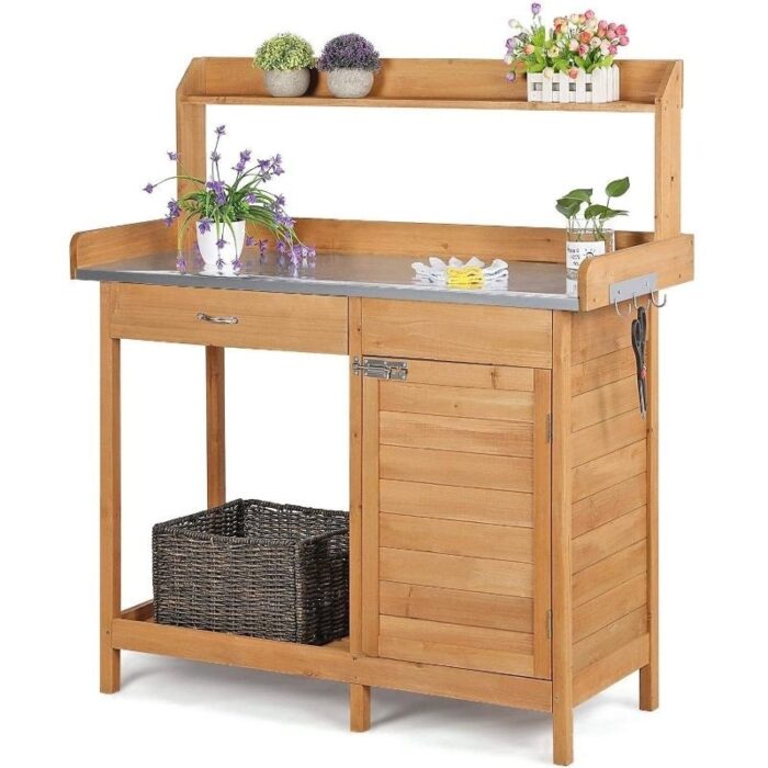 Natural Fir Wood Potting Bench with Galvanized Steel Table Top - 49'' H x 44'' W x 18'' D - Image 2