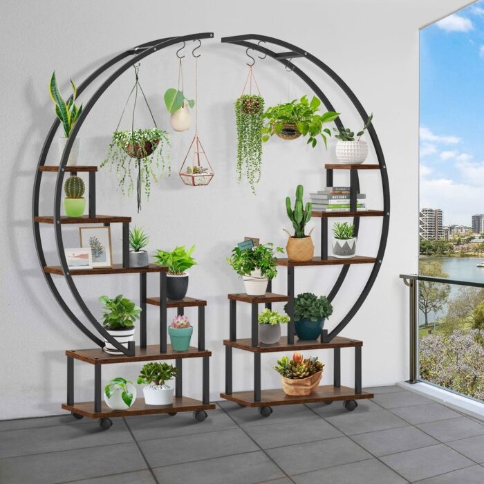 2 pcs 6 Tier Tall Metal Indoor Plant Stands with Hanging Loop,Half Moon Shaped Ladder Plant Shelf Holder