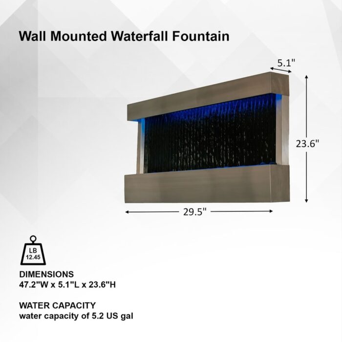 XBrand 47" Steel/Glass Indoor Wall-Mounted Mirror Waterfall Fountain with Pump, LED Lights, and Rocks, Modern Mirror Fountain - Image 2