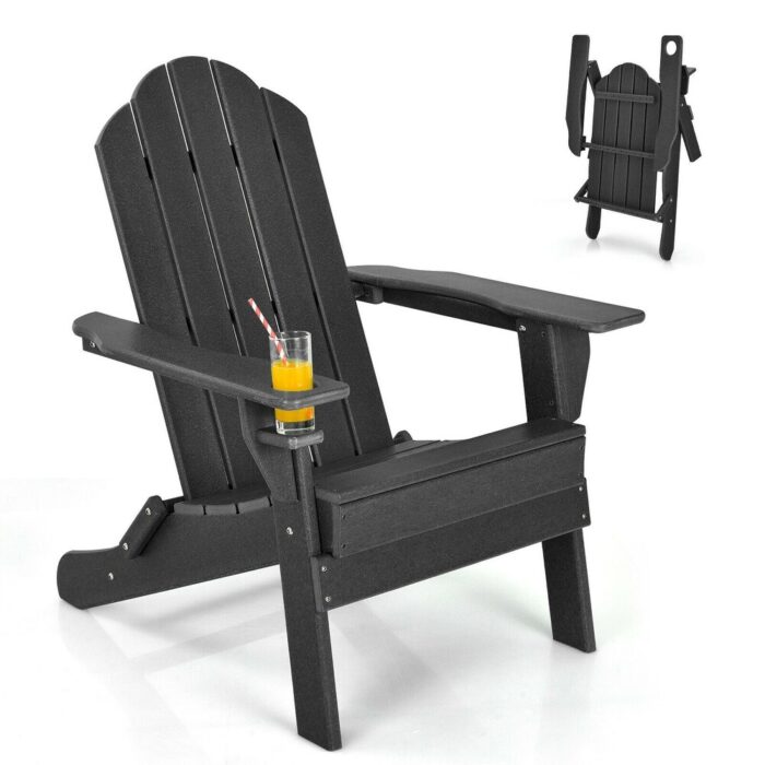 Gymax Patio Folding Adirondack Chair Weather Resistant Cup Holder Yard