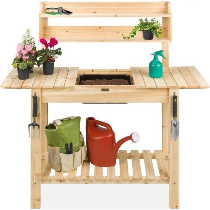 Outdoor Garden Wood Potting Bench Expandable Top with Food Grade Plastic Sink - 39.5(L) x 18(W) x 55.25(H) inches