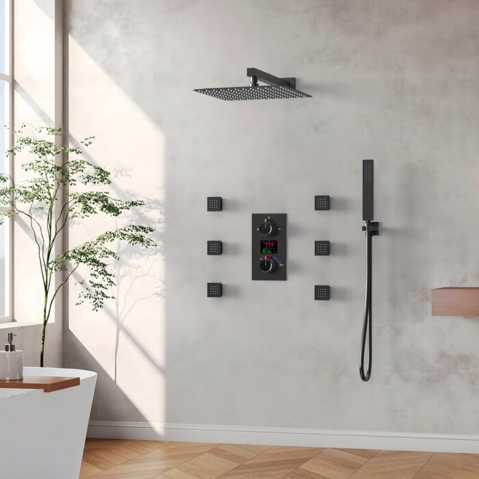 LCD Temp & Time Display 3-Sprays 12 in.Wall Mount Shower System with Shower Head Handheld Set