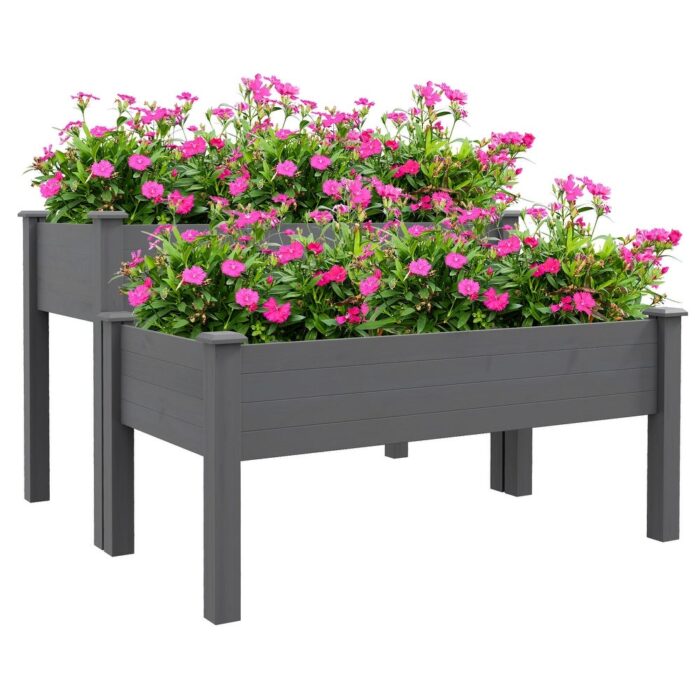 Outsunny 2 Tier Raised Garden Bed, Elevated Wooden 2 Box Planter , Gardening Grow Stand, Planting Bed for Flowers - Image 2