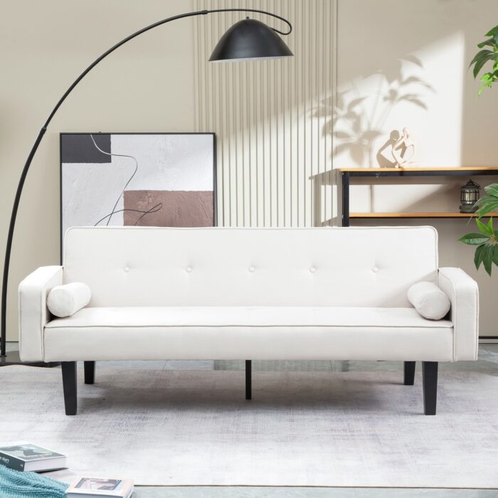 Classic Style Convertible Multi-functional Square-arm Sleeper Sofa, Multi-angle Adjustable Backrest With 2 Round Pillows
