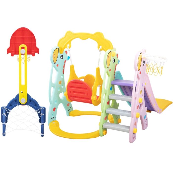 5 in 1 Slide and Swing Playing Set, Toddler Extra-Long Slide with 2 Basketball Hoops, Football, Ringtoss, Indoor Outdoor - Image 2