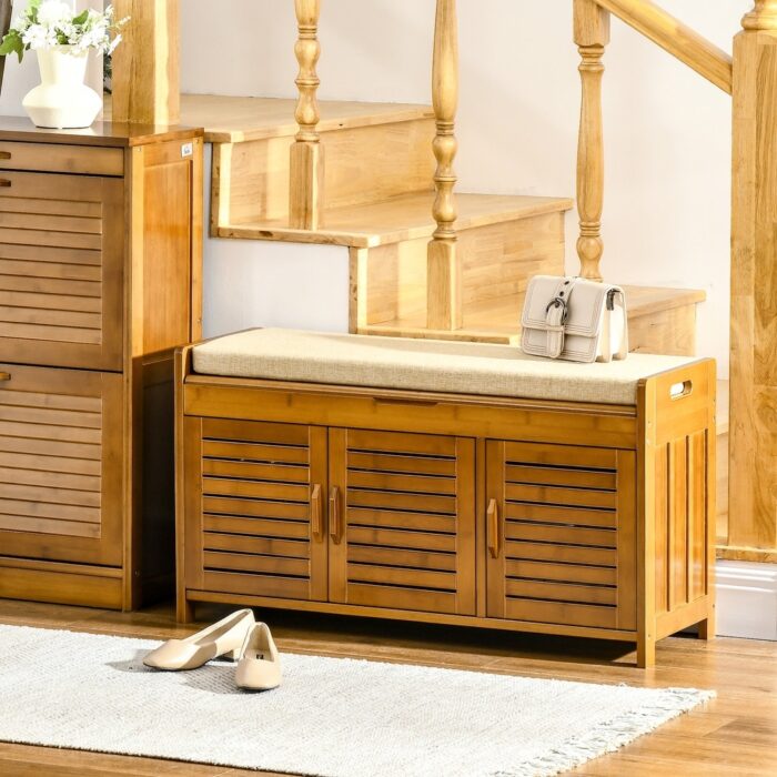 HOMCOM Shoe Bench with Storage Cabinets, Bamboo Entryway Bench with Seating Cushion, Brown