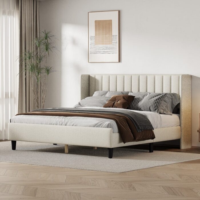 81"L King Size Wingback Platform Bed Frame with Headboard with Wood Slat Support - Image 2