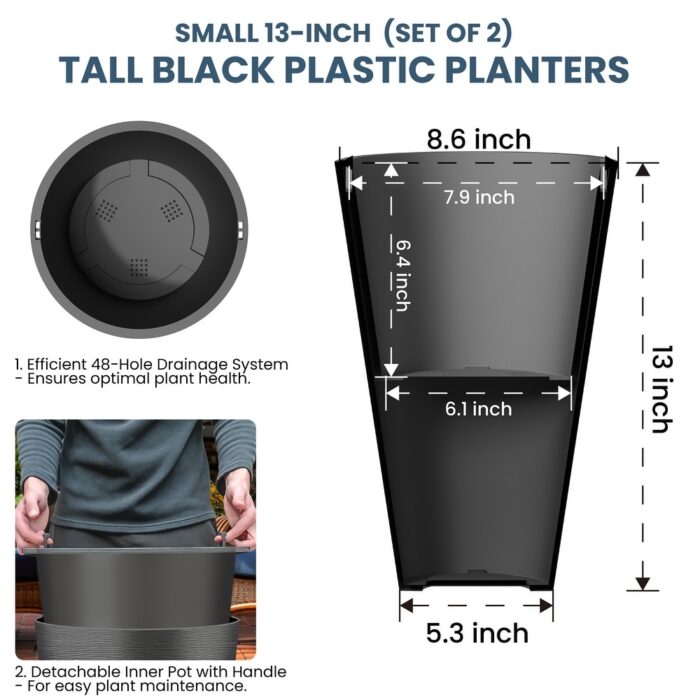 Black Tall Plastic Round Plant Pots / Large Indoor and Outdoor Flower Planters, 2 Piece Set - Image 2